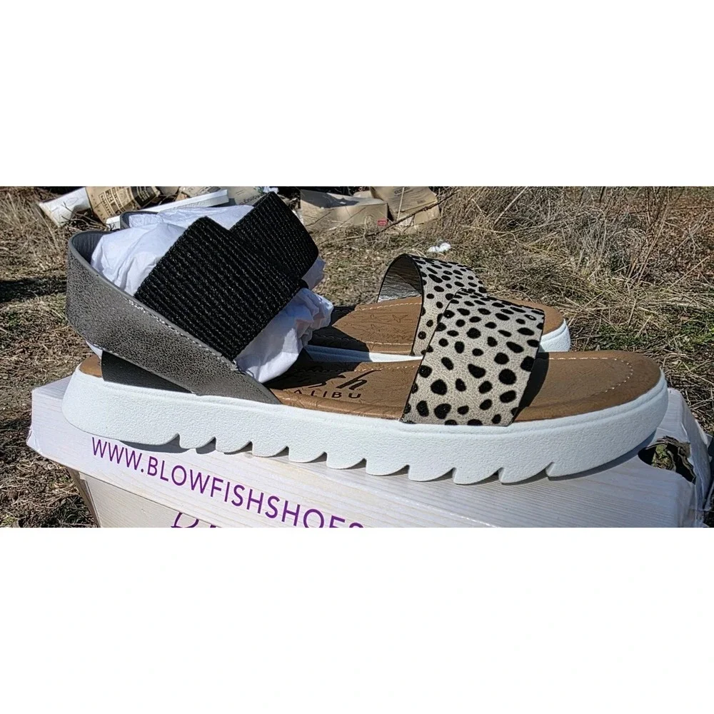 Blowfish Malibu Leopard Platform Sandals Womens 7.5 Black Elastic Strap